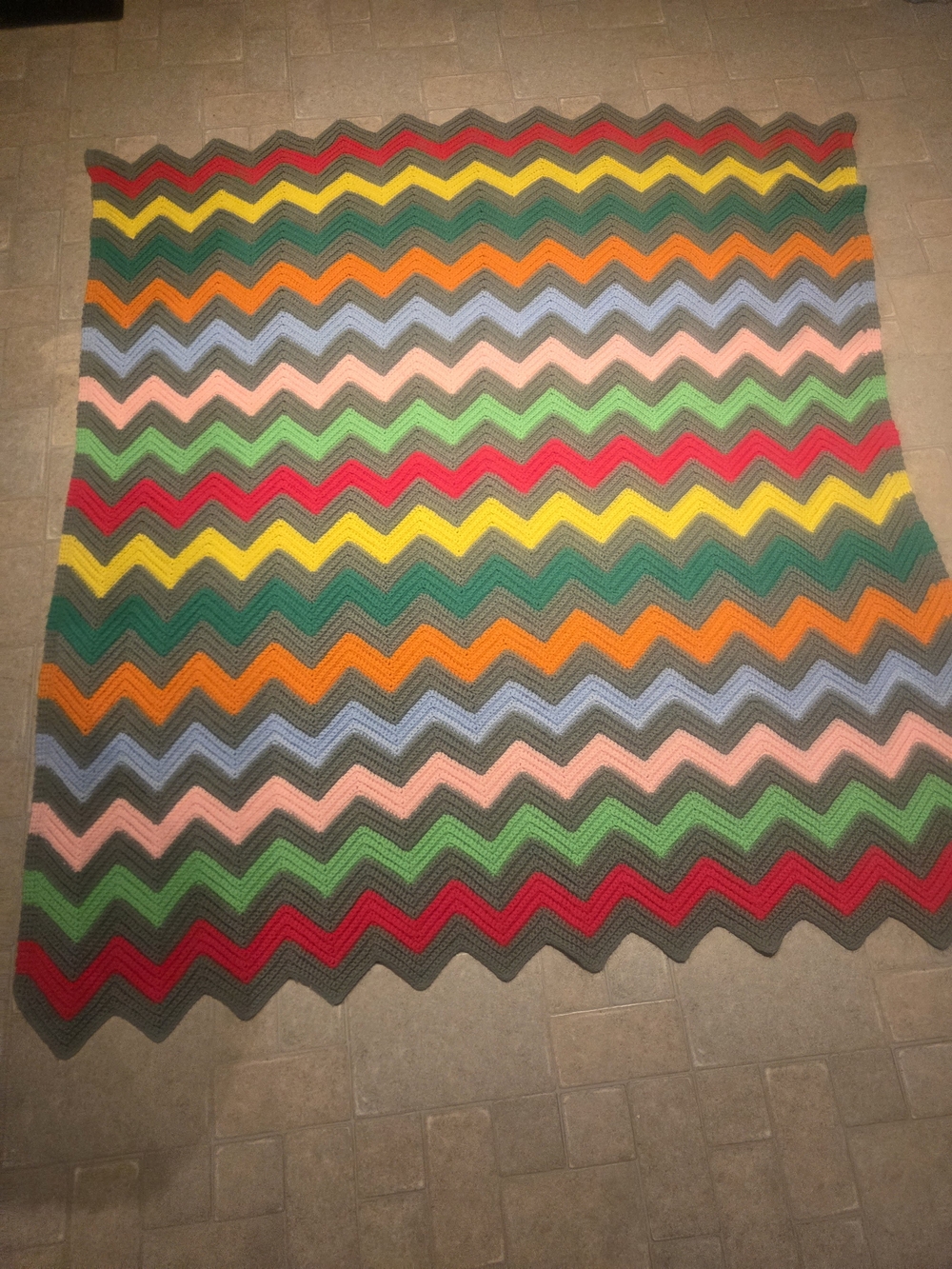 Crochet Chevron Blanket in Gray & Multicolor Like New 58x67